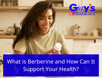 Guy’s Pharmacy blog graphic: woman reading a supplement bottle, highlighting berberine benefits and how it may support health.