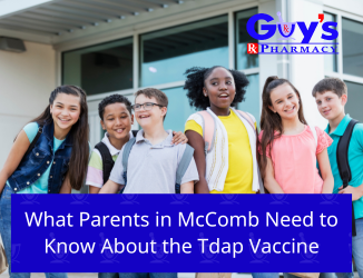 Group of middle school students smiling outside school building with text 'What Parents in McComb Need to Know About the Tdap Vaccine' from Guy’s Pharmacy